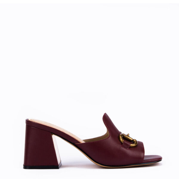 Willow Horsebit Open Toe Mules in Burgendy 1