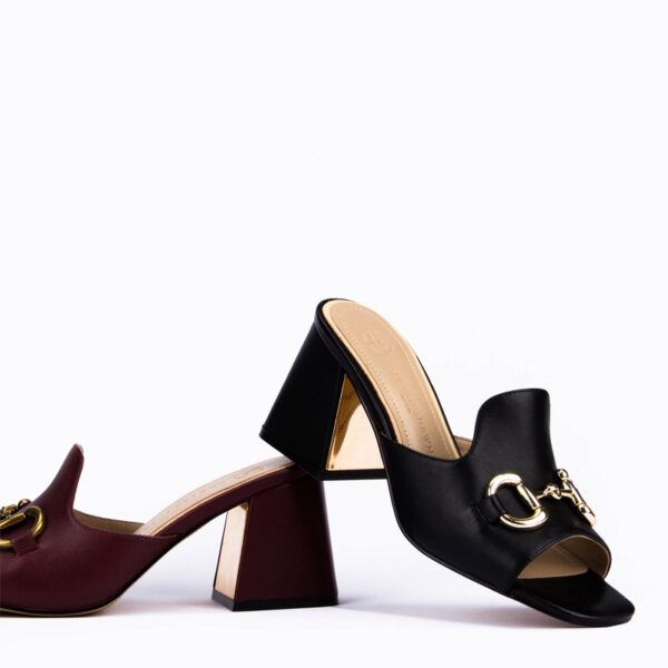 Willow Horsebit Open Toe Mules in Burgendy & Black