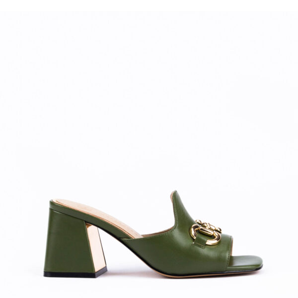 Willow Horsebit Open Toe Mules in Olive Green 3