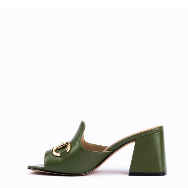 Willow Horsebit Open Toe Mules in Olive Green 4